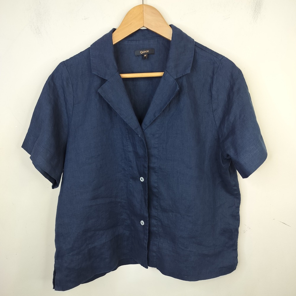 Quince Linen Button Up Shirt Medium Short Sleeve Minimalist Capsule Navy